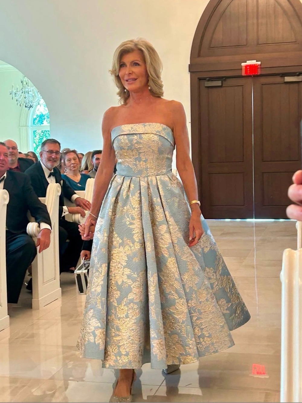 Mac Duggal Strapless Brocade Midi Dress in Light Blue and Gold